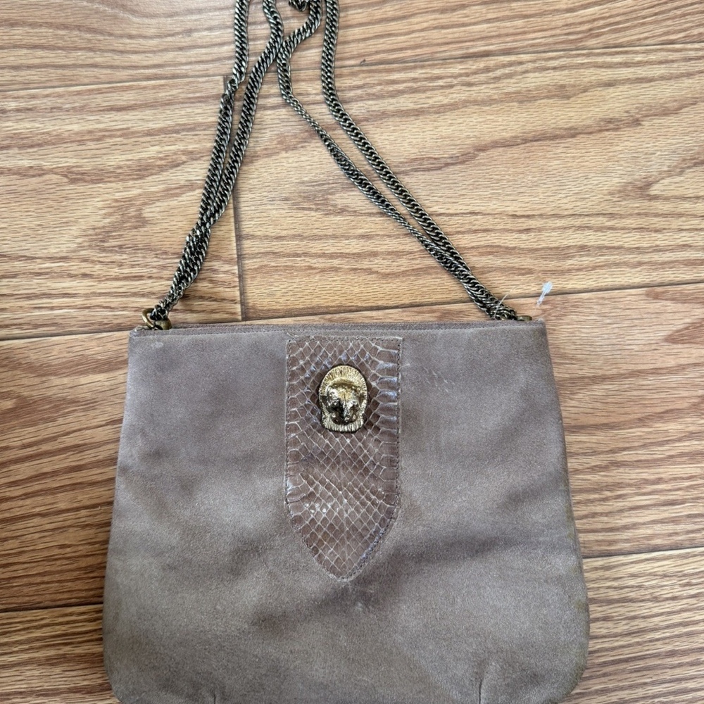 Vintage Ruth E Saltz Purse Handbag w chain strap Cougar Head Brown Suede